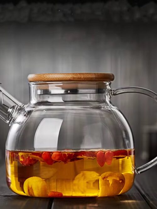 Tetera de vidrio resistente al calor con tapa de madera